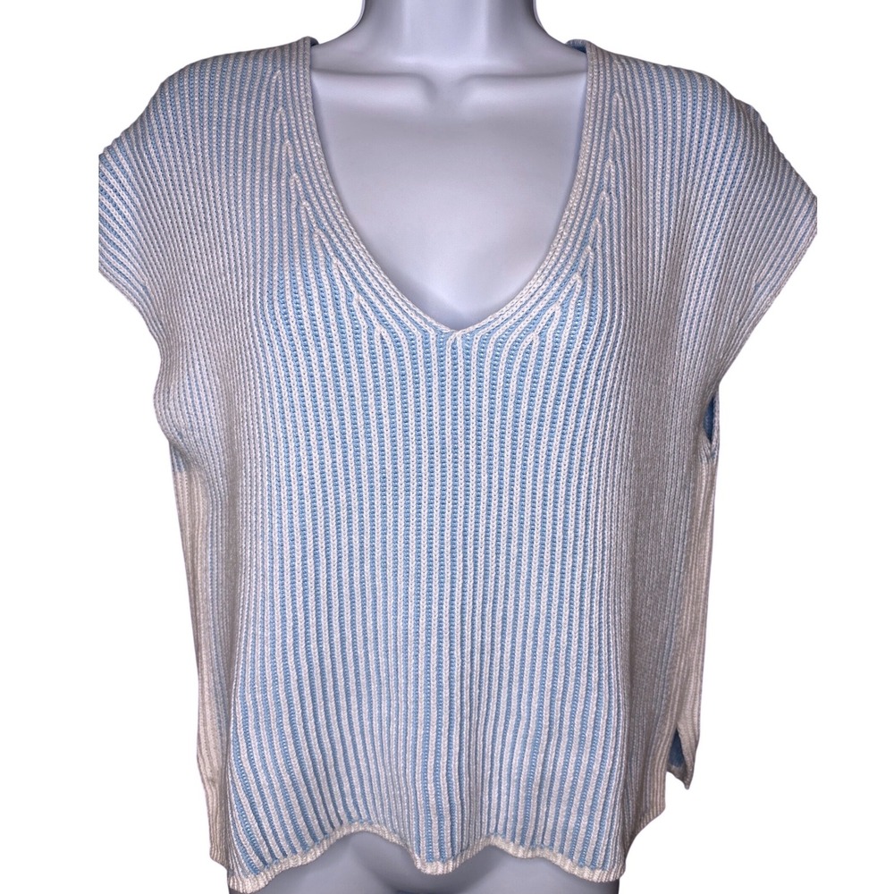 J. Society Womens Blue White Stripe V-Neck Cotton Knit Vest Sz M Preppy Nautical